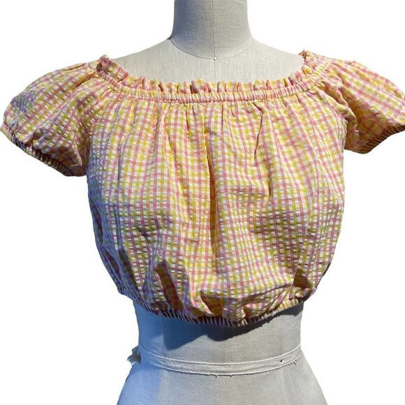 NWT BCBGeneration Yellow Pink Checkered Crop Top Size Small - Picture 1 of 10